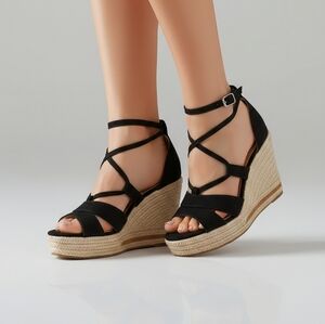 Sun + Stone Black and Tan Wedge Sandals